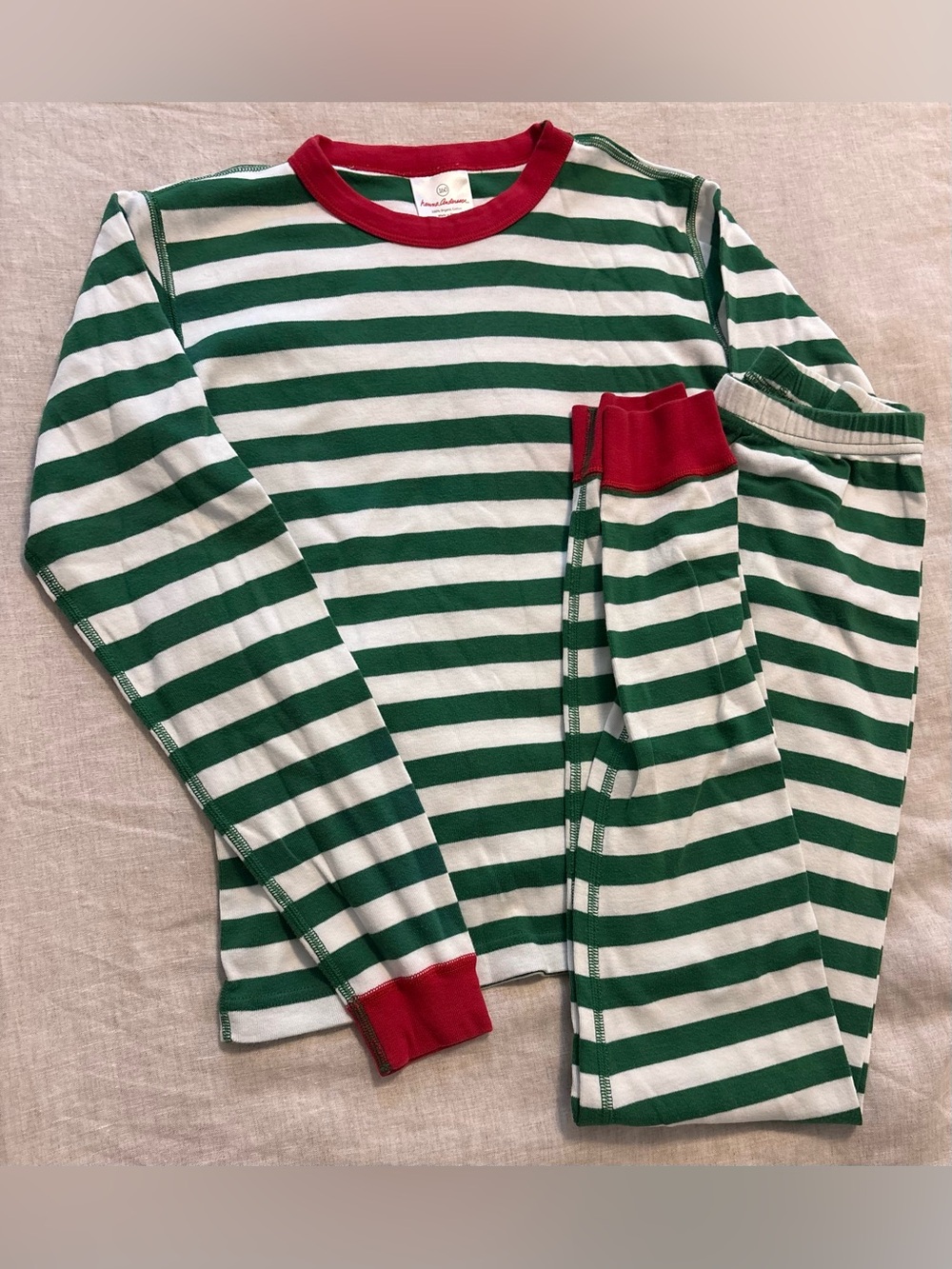 Hanna Andersson Organic Cotton Green White Stripe Red Trim Pajama Set 160 14-16